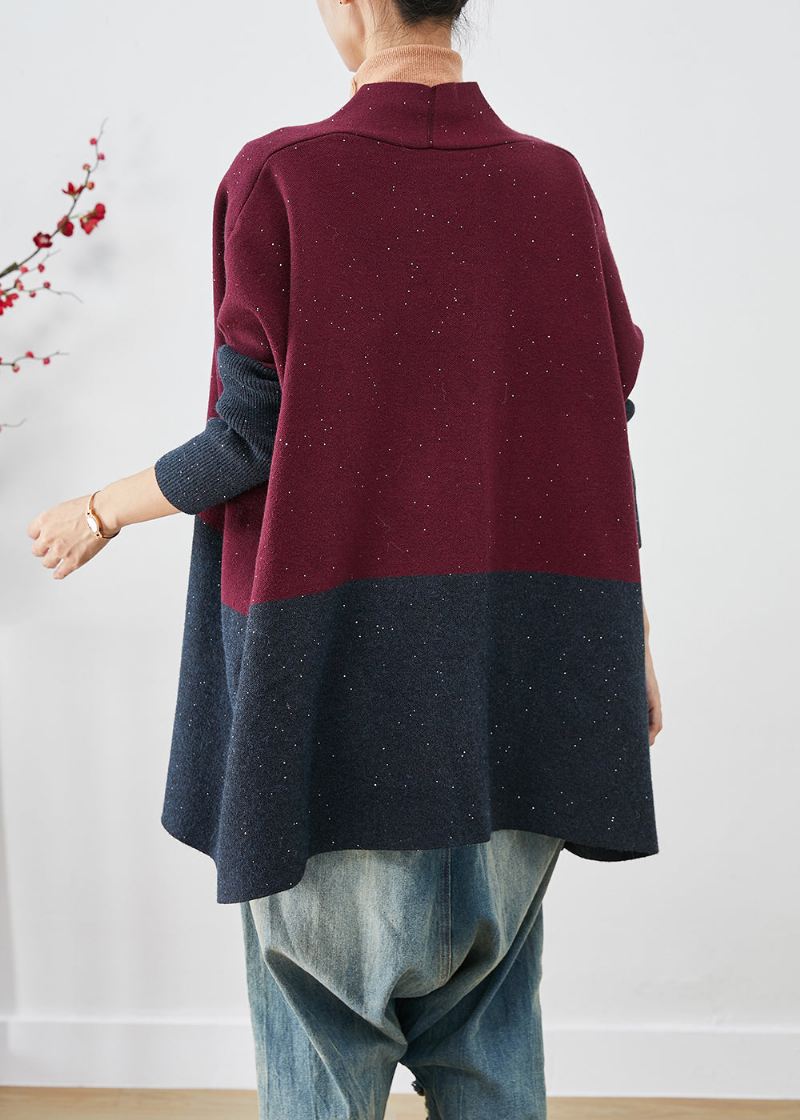 Stilig Mulberry Oversized Patchwork Strikkede Cardigans Flaggermusermer - Cardigans for kvinner