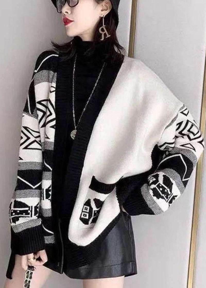 Stilig Svart Oversized Patchwork Print Strikket Løse Cardigans Vinter