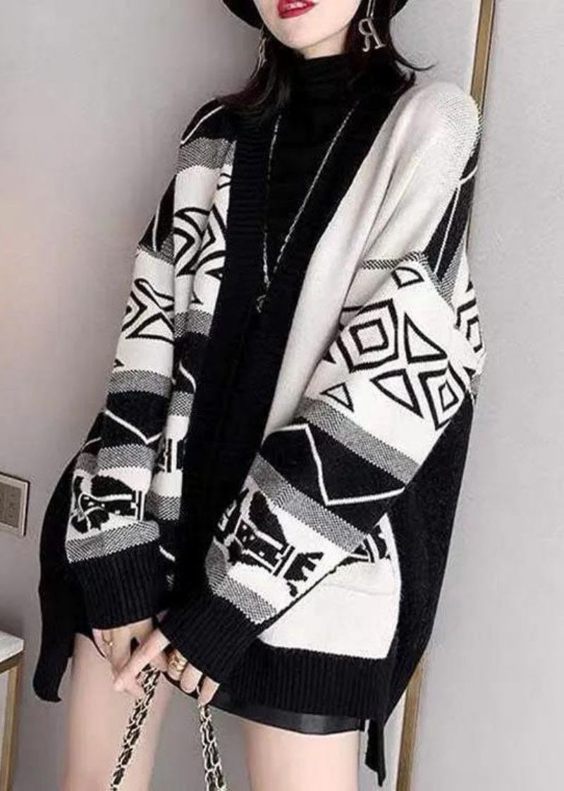 Stilig Svart Oversized Patchwork Print Strikket Løse Cardigans Vinter - Cardigans for kvinner