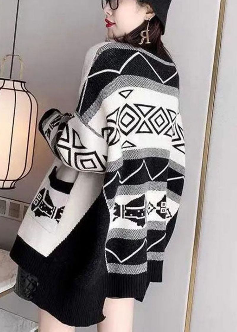 Stilig Svart Oversized Patchwork Print Strikket Løse Cardigans Vinter - Cardigans for kvinner