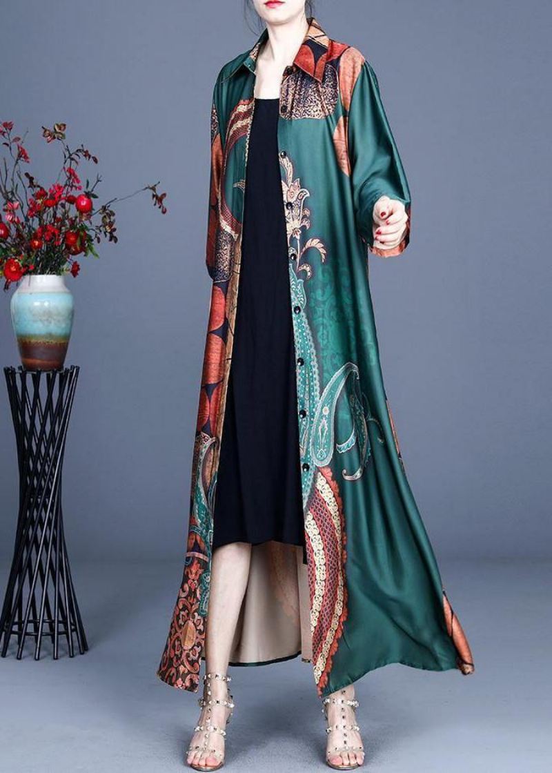 Style Green Print Sommer Silk Half Sleeve Cardigans Lange