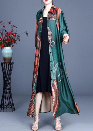 Style Green Print Sommer Silk Half Sleeve Cardigans Lange