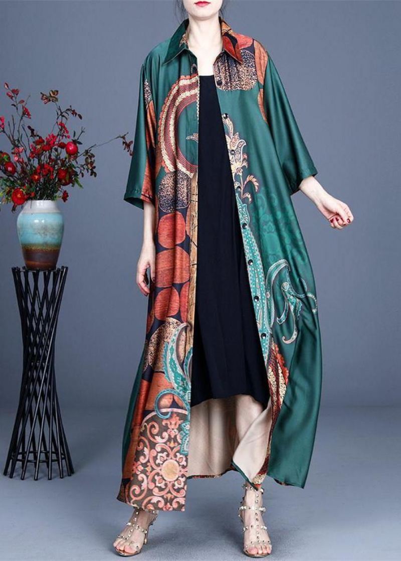 Style Green Print Sommer Silk Half Sleeve Cardigans Lange - Svart