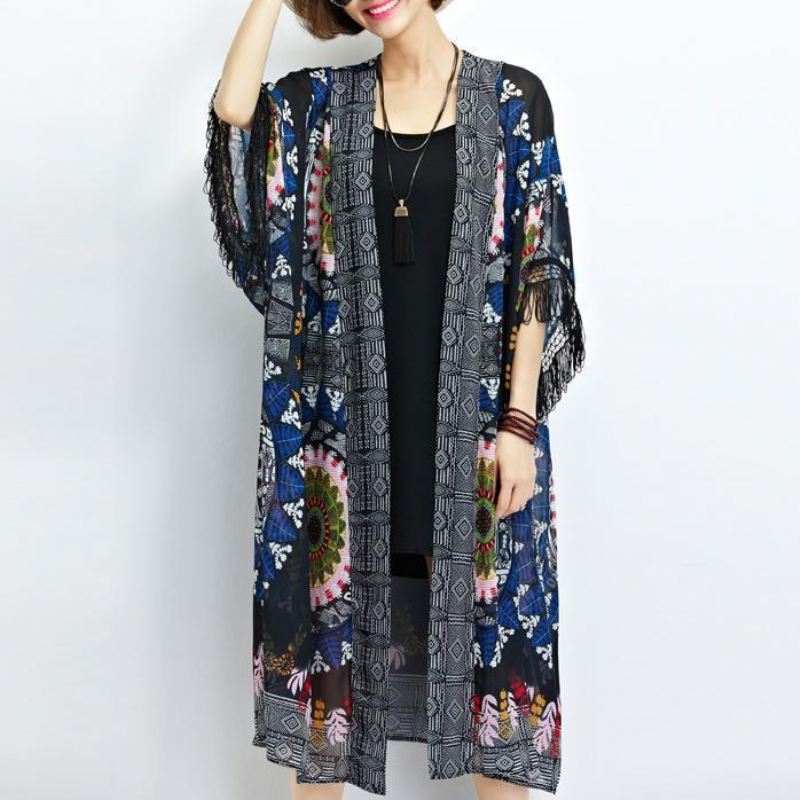 Sundress Ny Sort Print Chiffon Cardigans Pluss Størrelse Dusk Halvermet Sommer Yttertøy - Cardigans for kvinner