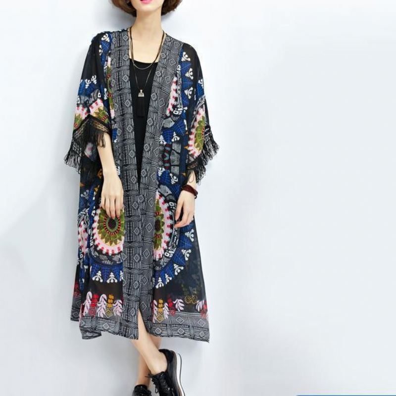 Sundress Ny Sort Print Chiffon Cardigans Pluss Størrelse Dusk Halvermet Sommer Yttertøy - Cardigans for kvinner