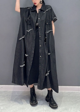 Svart Oversized Cotton Ripped Denim Lange Skjorter Dusk Kortermet