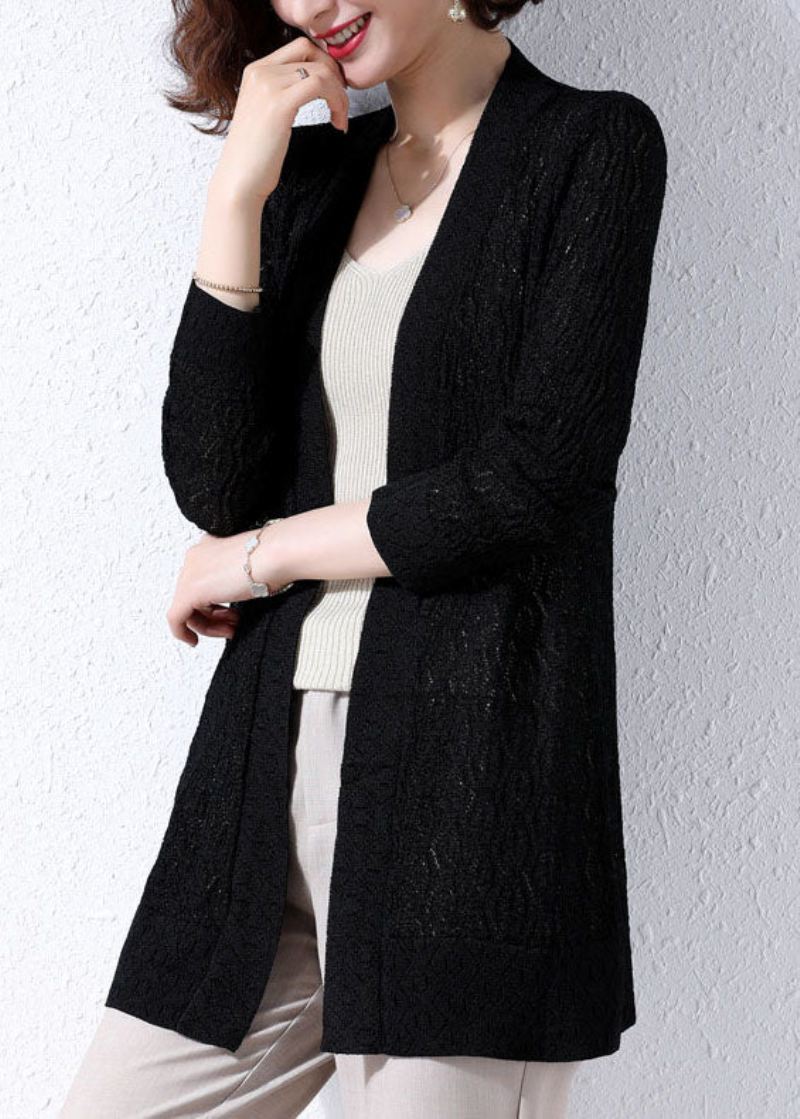 Svart Patchwork Strikket Dame Cardigans Brodert Hollow Out Fall - Cardigans for kvinner