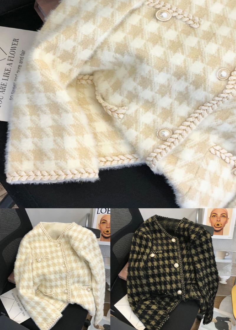 Svart Rutete Lommer Patchwork Mink Hår Strikket Frakk Kvinner Høst - Cardigans for kvinner