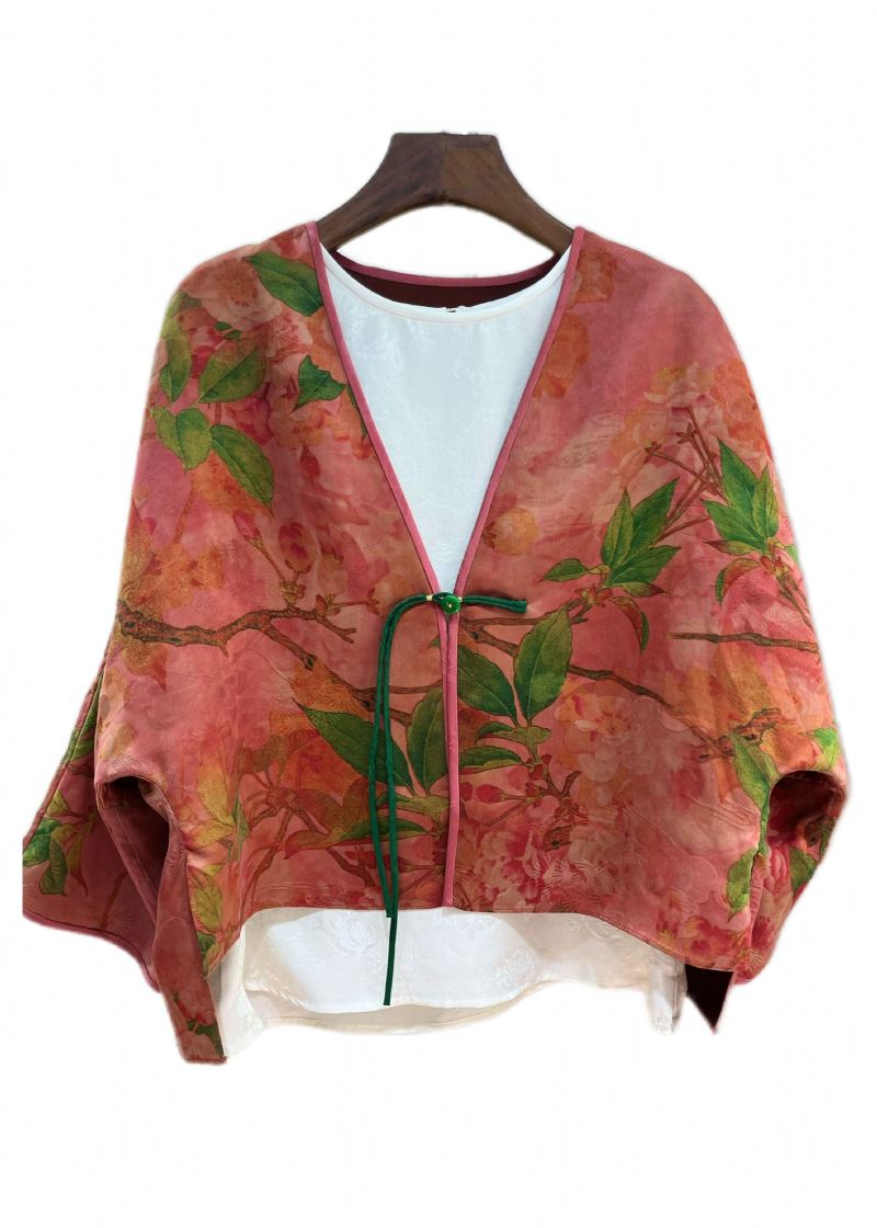 Tilpasset Murstein Rød Dusk Print Silke Cardigans Flaggermus Sleeve - Cardigans for kvinner