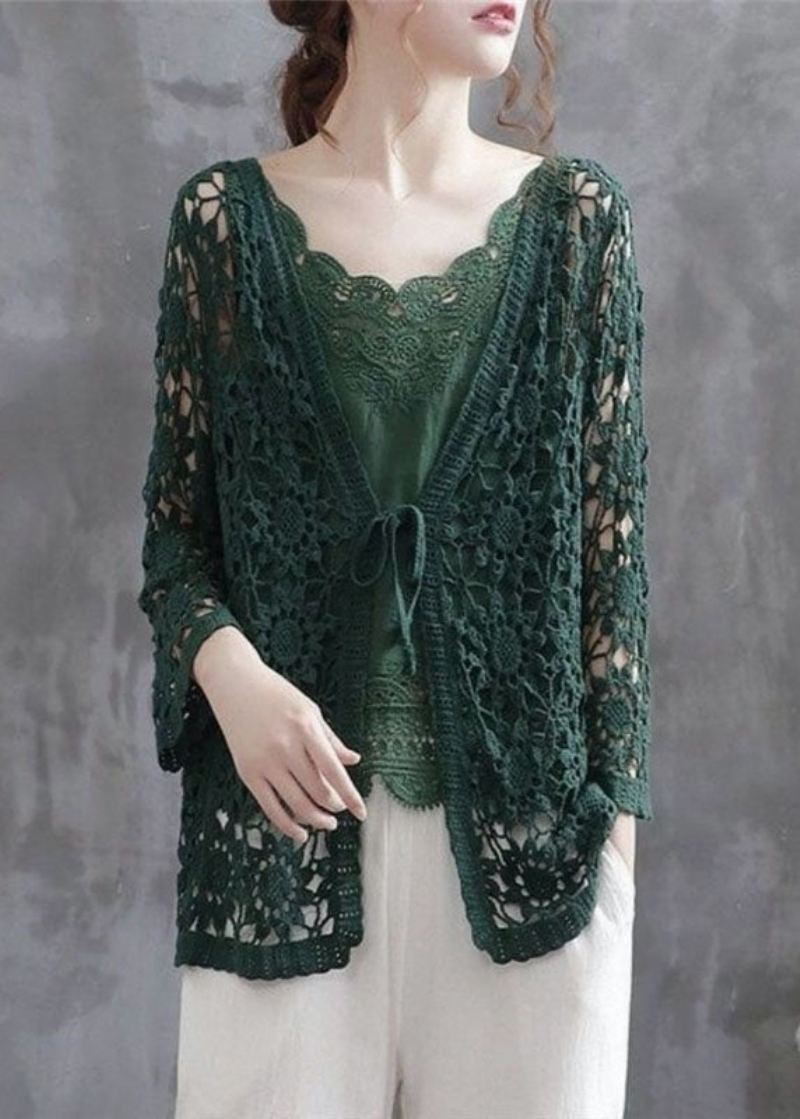 Uformell Blackish Green Hollow Out Patchwork Knitting Cotton Cardigan Fall