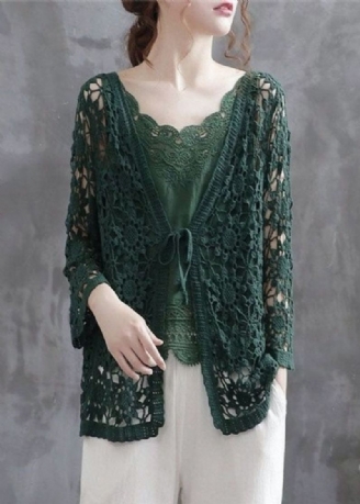 Uformell Blackish Green Hollow Out Patchwork Knitting Cotton Cardigan Fall