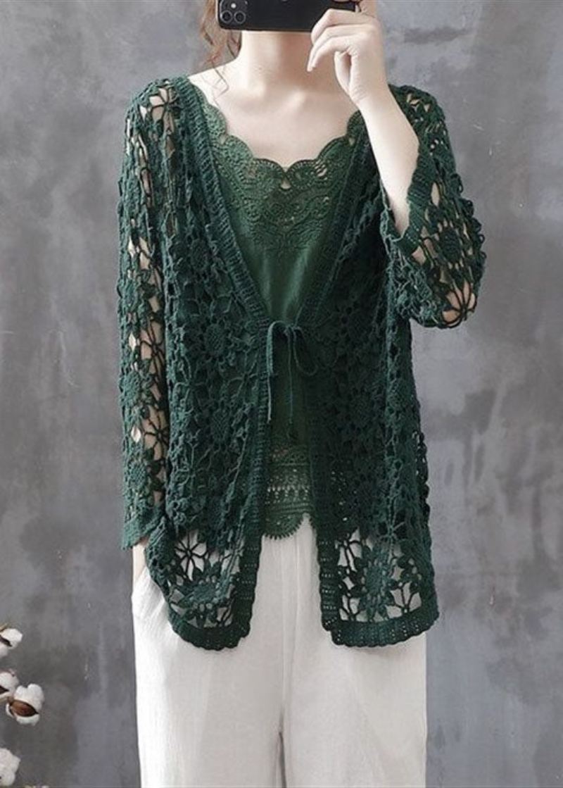 Uformell Blackish Green Hollow Out Patchwork Knitting Cotton Cardigan Fall - Cardigans for kvinner