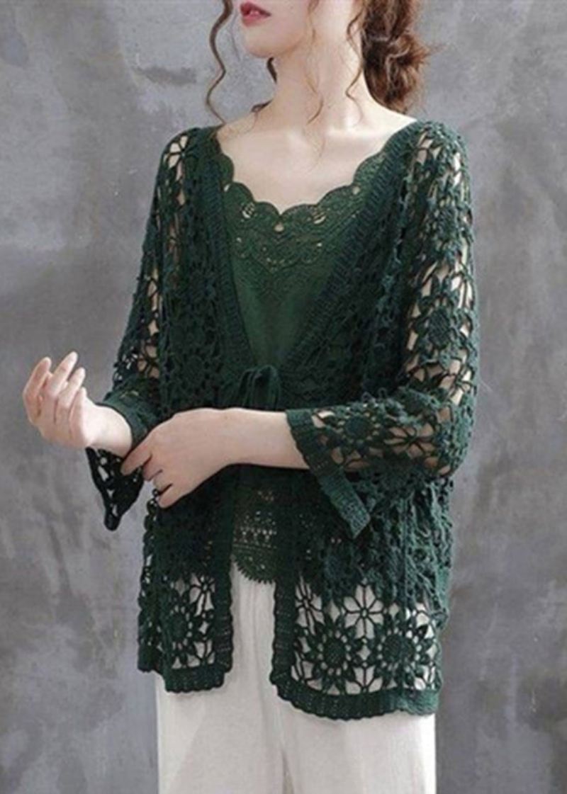 Uformell Blackish Green Hollow Out Patchwork Knitting Cotton Cardigan Fall - Cardigans for kvinner