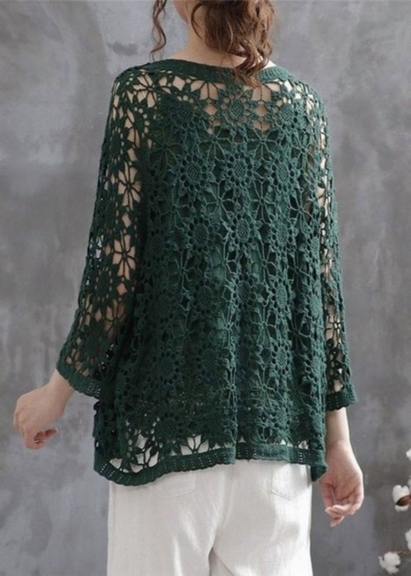 Uformell Blackish Green Hollow Out Patchwork Knitting Cotton Cardigan Fall - Cardigans for kvinner