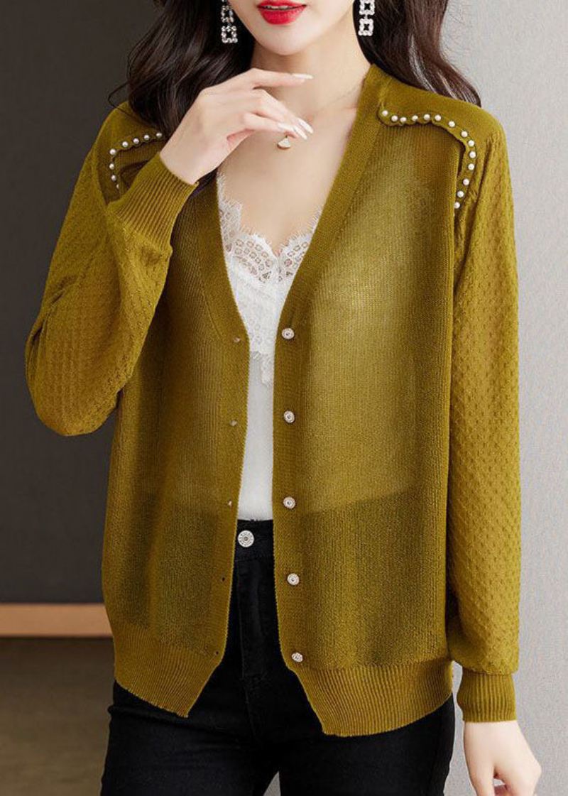 Uformell Matcha Farge V-hals Nail Bead Button Isstørrelse Strikk Cardigan Sommer - Cardigans for kvinner