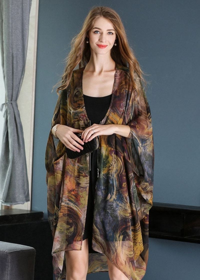 Uformelt Khaki Oversized Print Chiffon Upf 50+ Frakk Jakke Batwing Sleeve