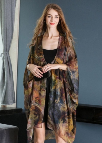 Uformelt Khaki Oversized Print Chiffon Upf 50+ Frakk Jakke Batwing Sleeve