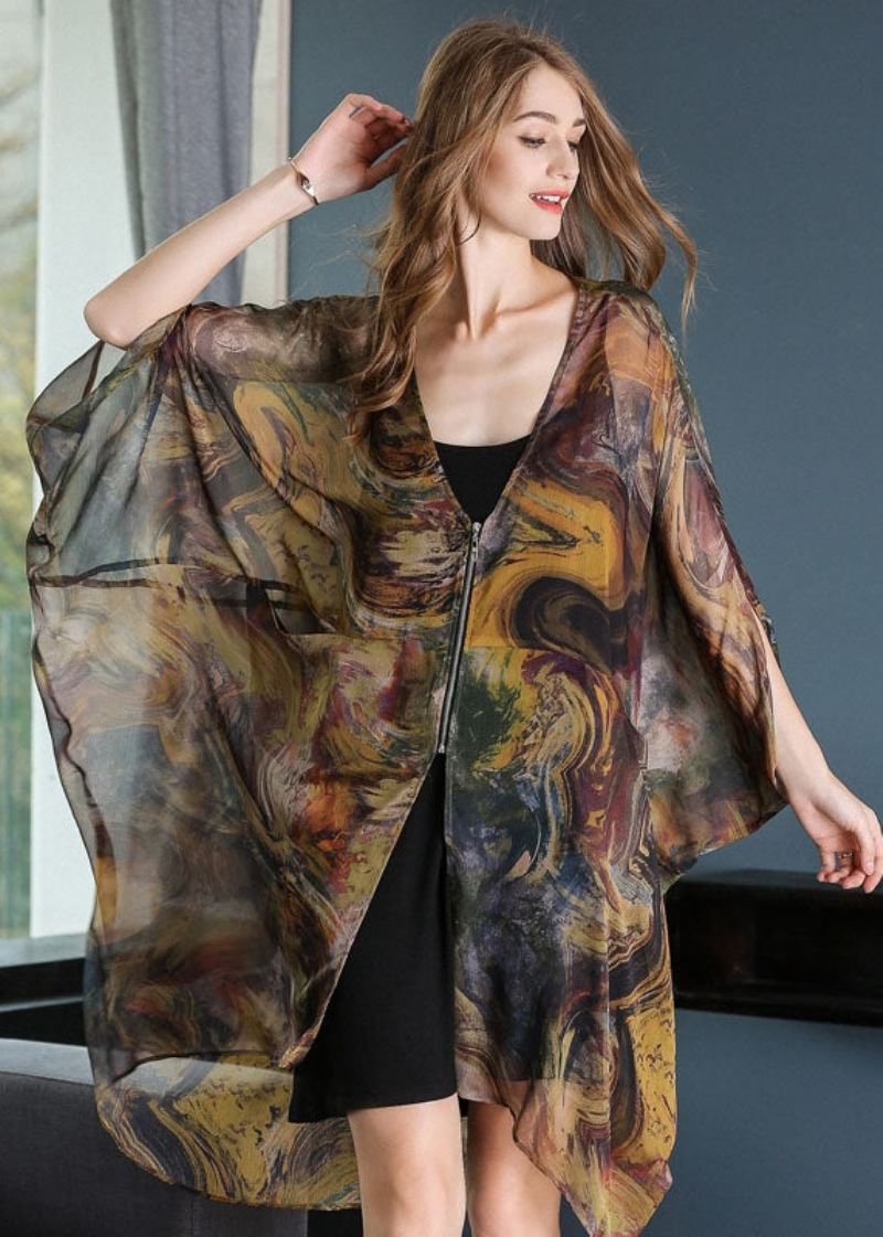 Uformelt Khaki Oversized Print Chiffon Upf 50+ Frakk Jakke Batwing Sleeve - Cardigans for kvinner