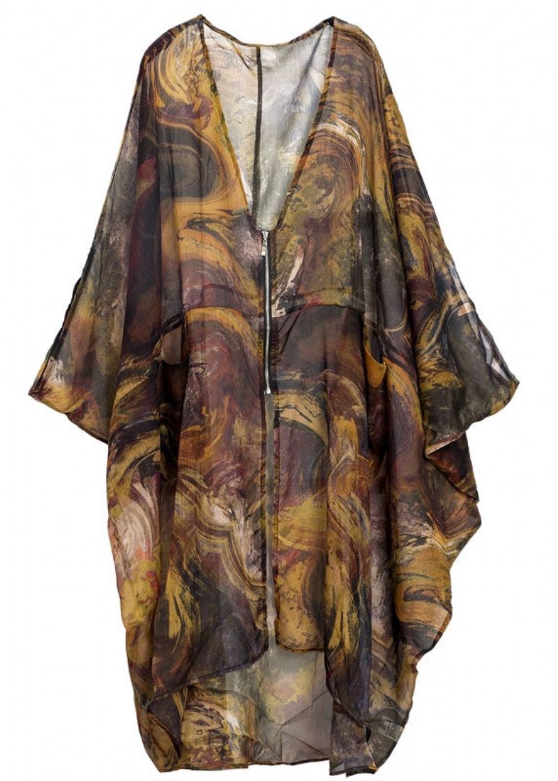 Uformelt Khaki Oversized Print Chiffon Upf 50+ Frakk Jakke Batwing Sleeve - Cardigans for kvinner