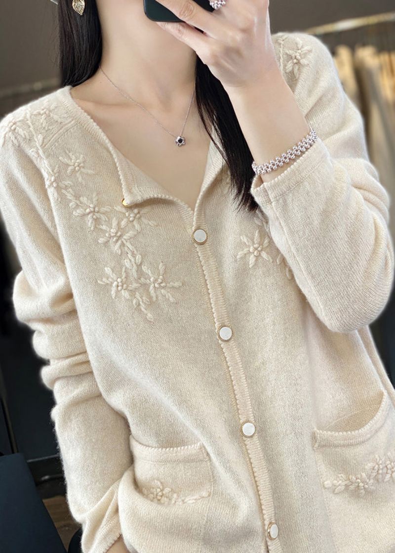 Unik Beige Blomsterknapp Cashmere Strikket Cardigan Med Lange Ermer - Beige