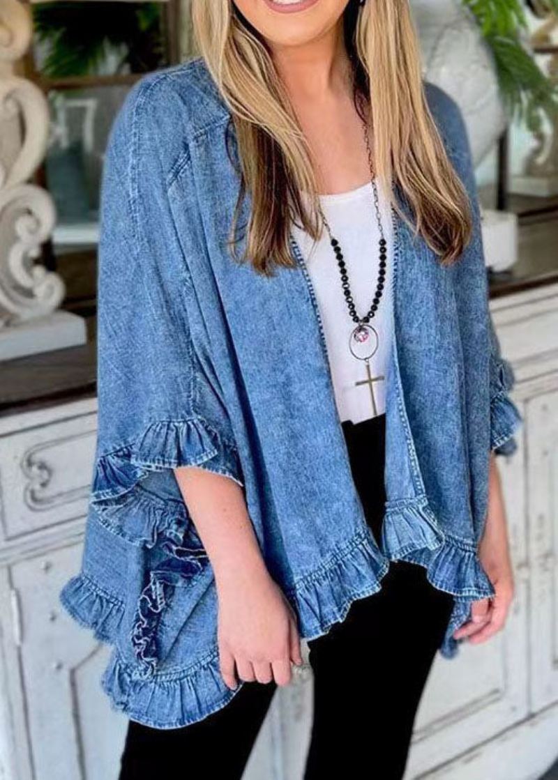 Unik Blå Ruffled Patchwork Denim Cardigans Frakk Sommer - Cardigans for kvinner