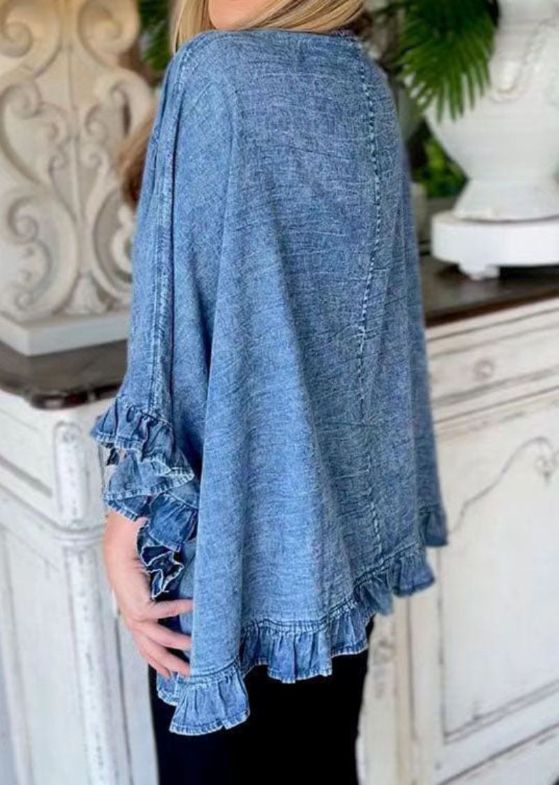 Unik Blå Ruffled Patchwork Denim Cardigans Frakk Sommer - Cardigans for kvinner