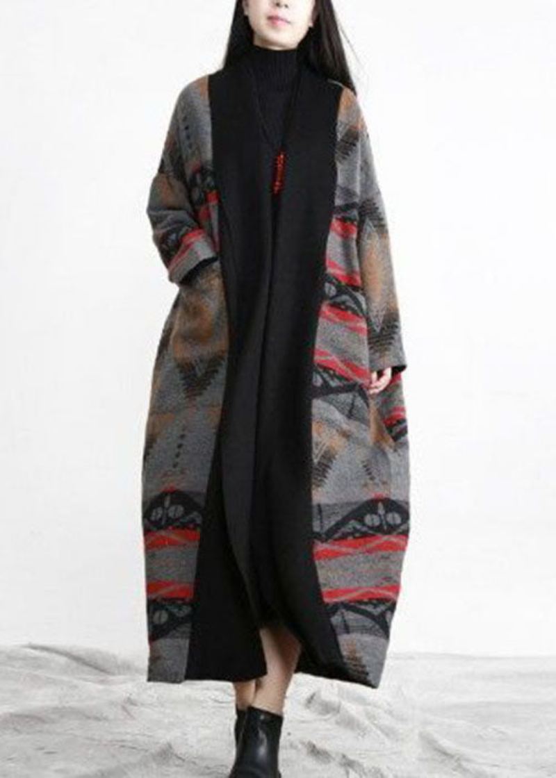 Unik Khaki Oversized Patchwork Print Ull Løs Cardigan Fall - Cardigans for kvinner