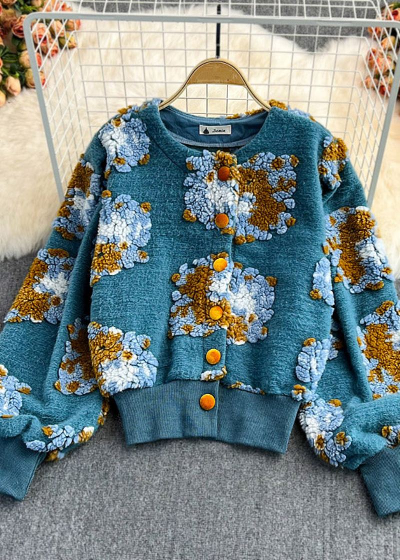 Vakker Blå O-hals Fluffy Floral Button Strikke Gensere Våren