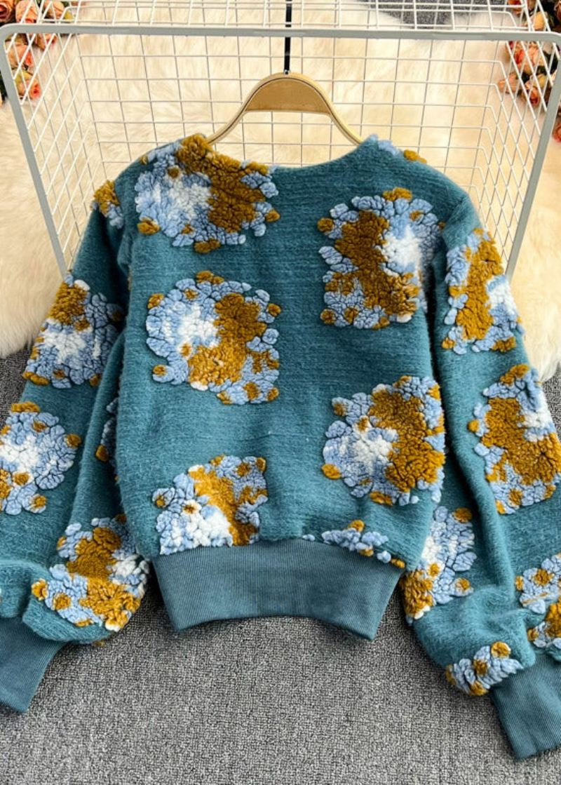 Vakker Blå O-hals Fluffy Floral Button Strikke Gensere Våren - Cardigans for kvinner