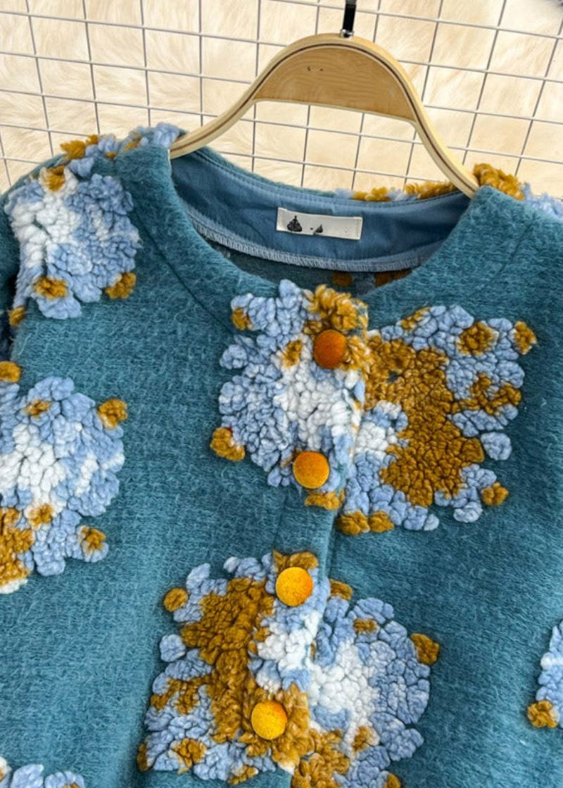 Vakker Blå O-hals Fluffy Floral Button Strikke Gensere Våren - Cardigans for kvinner