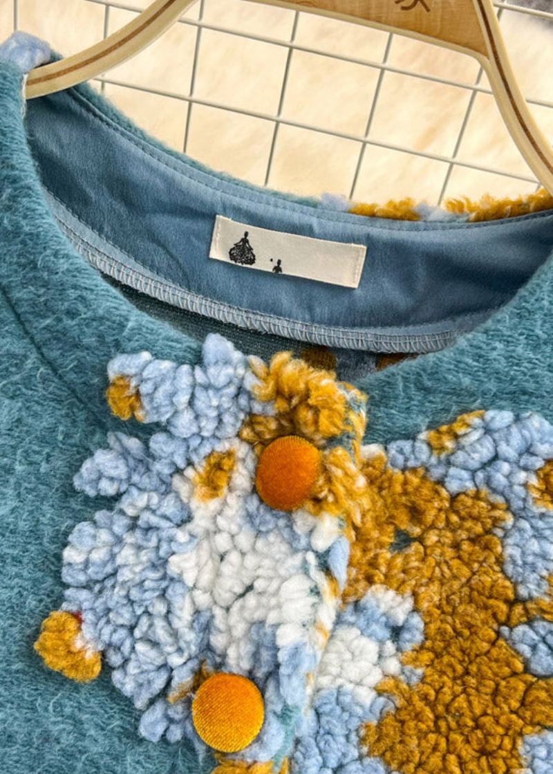 Vakker Blå O-hals Fluffy Floral Button Strikke Gensere Våren - Cardigans for kvinner