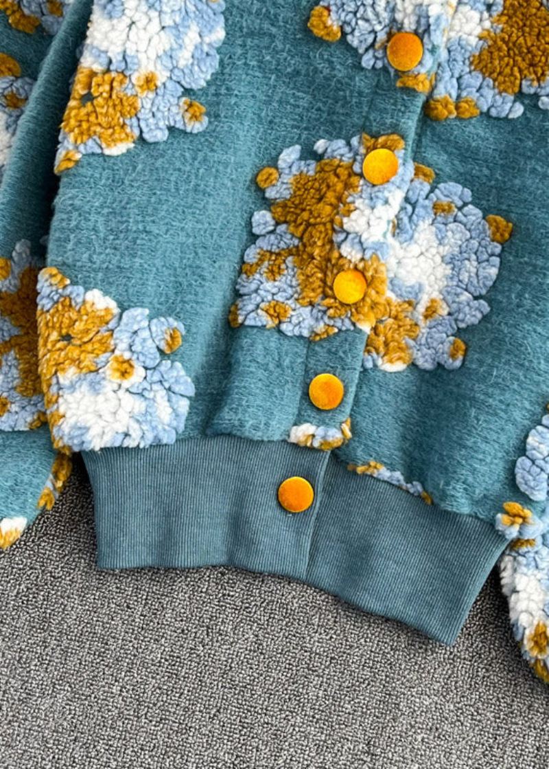 Vakker Blå O-hals Fluffy Floral Button Strikke Gensere Våren - Cardigans for kvinner