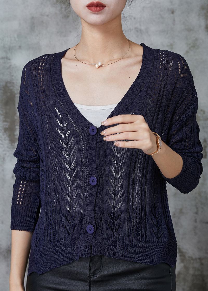 Vakker Navy Button Down Strikket Cardigan Spring - Cardigans for kvinner