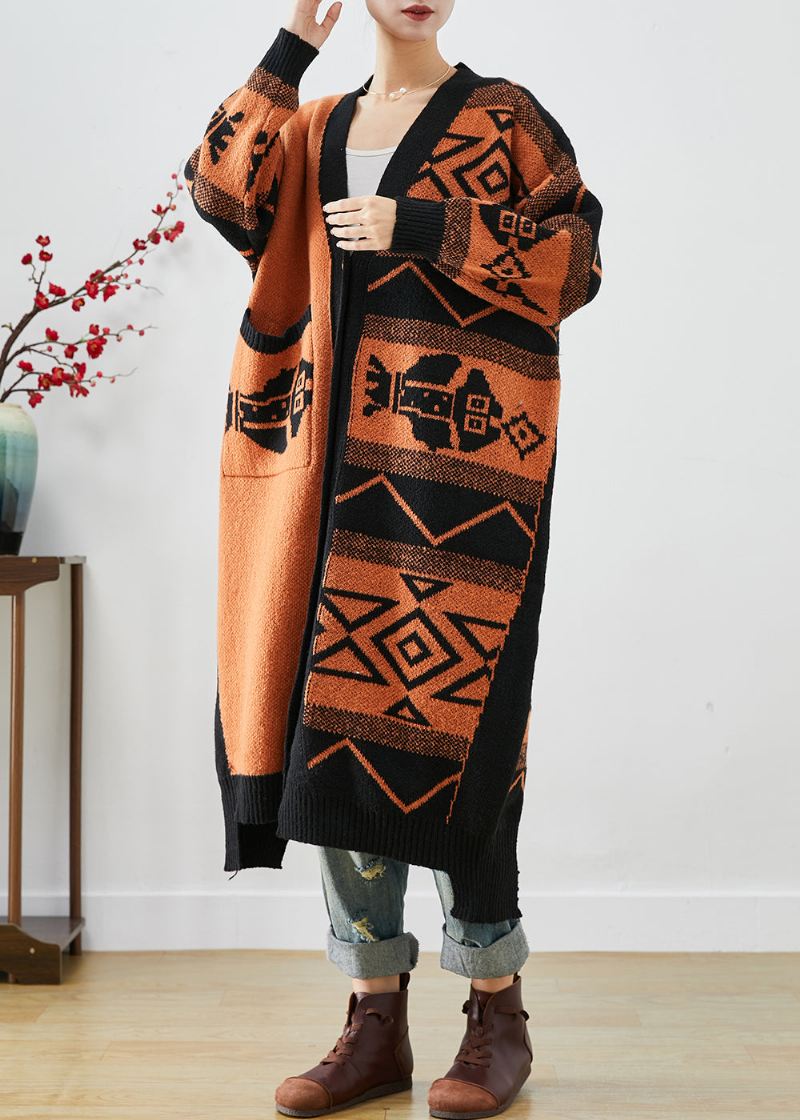 Vakre Oransje Oversized Print Strikkede Cardigans Høst