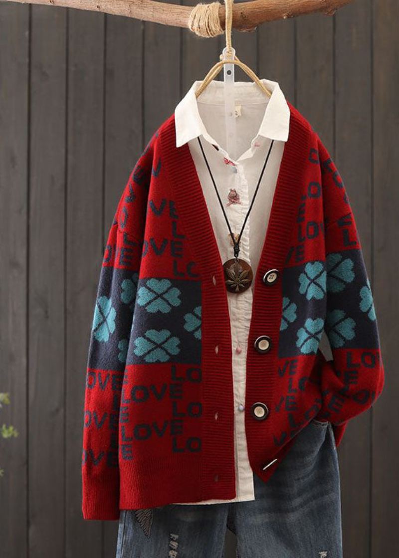 Vakre Røde Overdimensjonerte Patchwork Letter Print Strikkede Cardigans Vinter