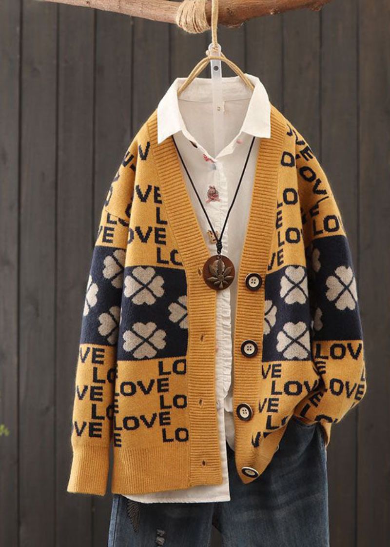 Vakre Røde Overdimensjonerte Patchwork Letter Print Strikkede Cardigans Vinter - Cardigans for kvinner