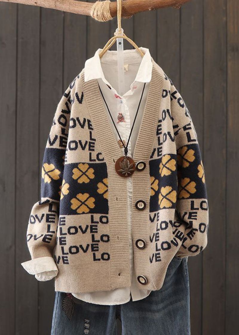 Vakre Røde Overdimensjonerte Patchwork Letter Print Strikkede Cardigans Vinter - Cardigans for kvinner