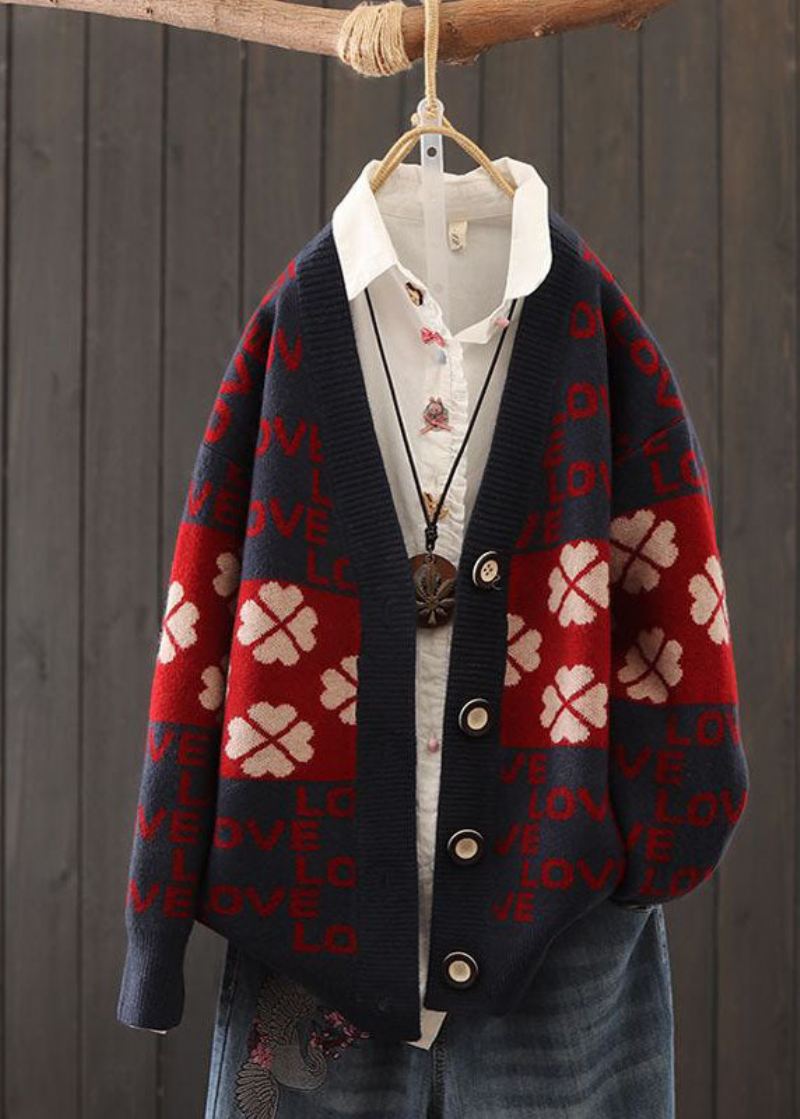 Vakre Røde Overdimensjonerte Patchwork Letter Print Strikkede Cardigans Vinter - Cardigans for kvinner