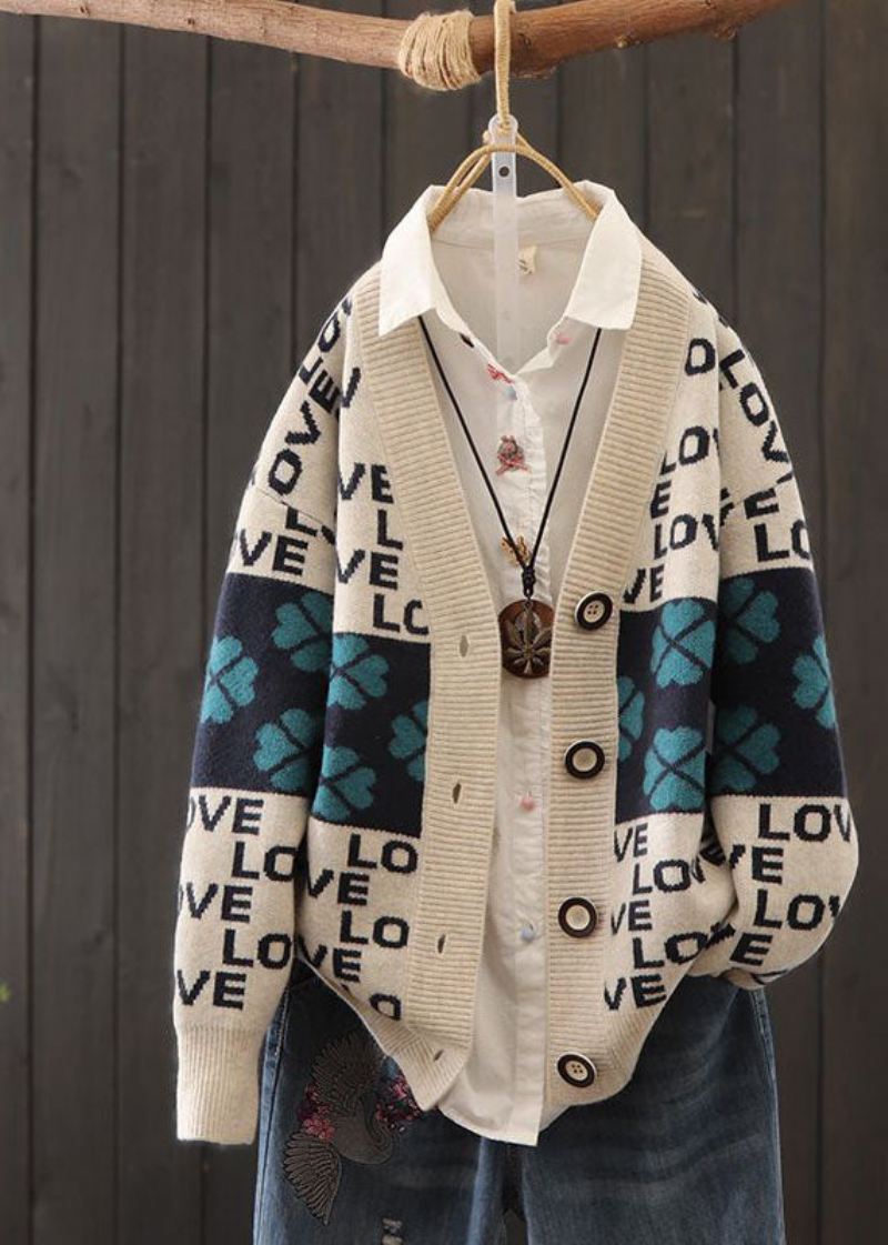 Vakre Røde Overdimensjonerte Patchwork Letter Print Strikkede Cardigans Vinter - Cardigans for kvinner