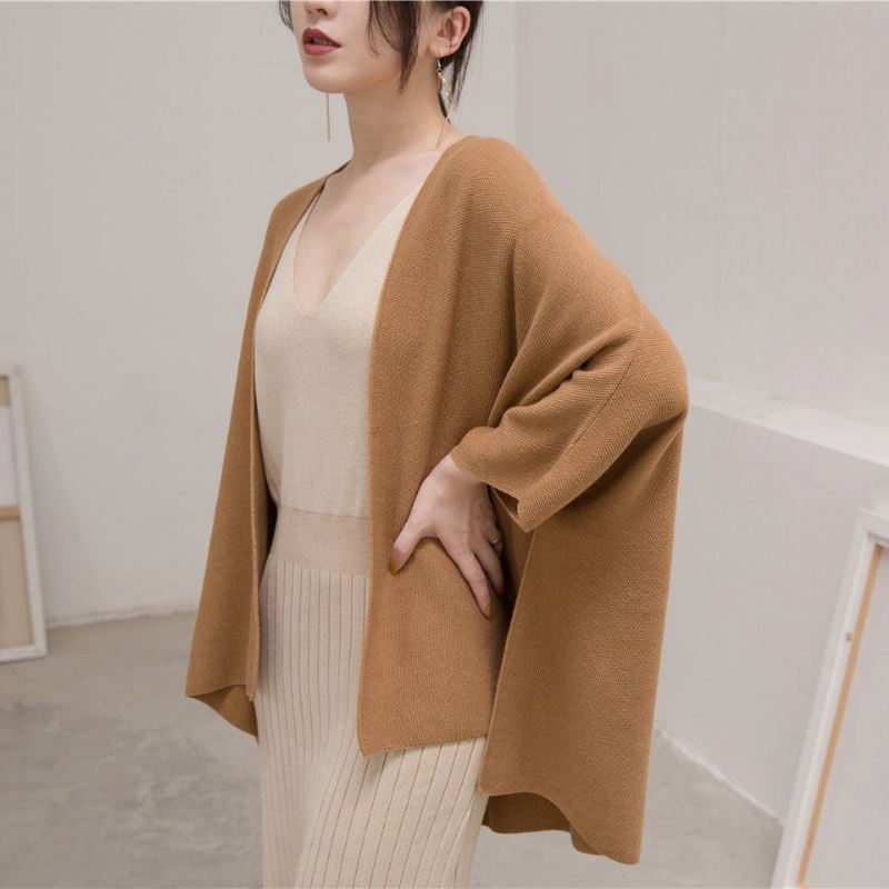 Varme Brune Gensere Pluss Størrelse Klær Trekvarts Ermet Strikkede Topper Elegant Cardigan - Brun