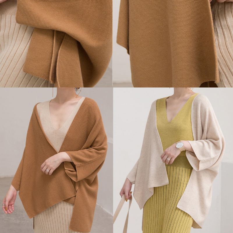 Varme Brune Gensere Pluss Størrelse Klær Trekvarts Ermet Strikkede Topper Elegant Cardigan - Brun