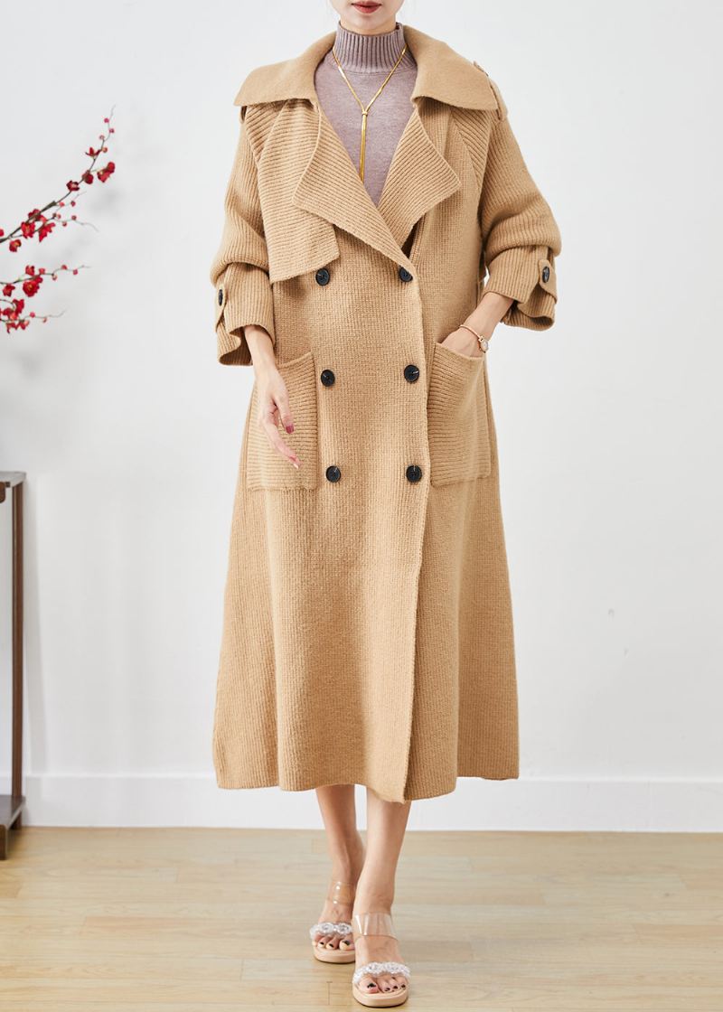 Vintage Khaki Doble Brystlommer Strikk Trench Coats Høst