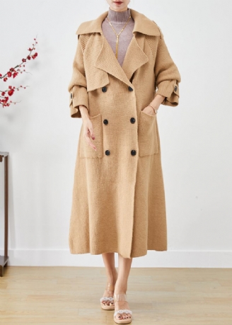 Vintage Khaki Doble Brystlommer Strikk Trench Coats Høst