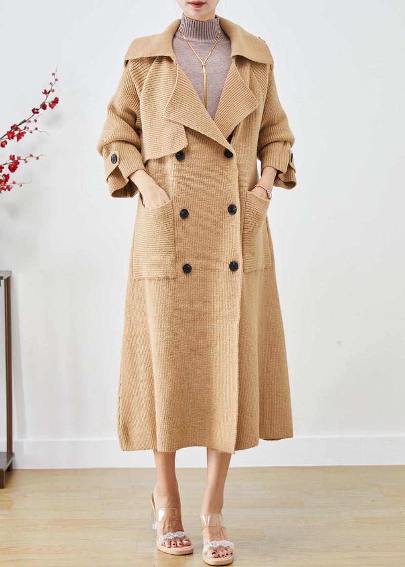 Vintage Khaki Doble Brystlommer Strikk Trench Coats Høst - Cardigans for kvinner