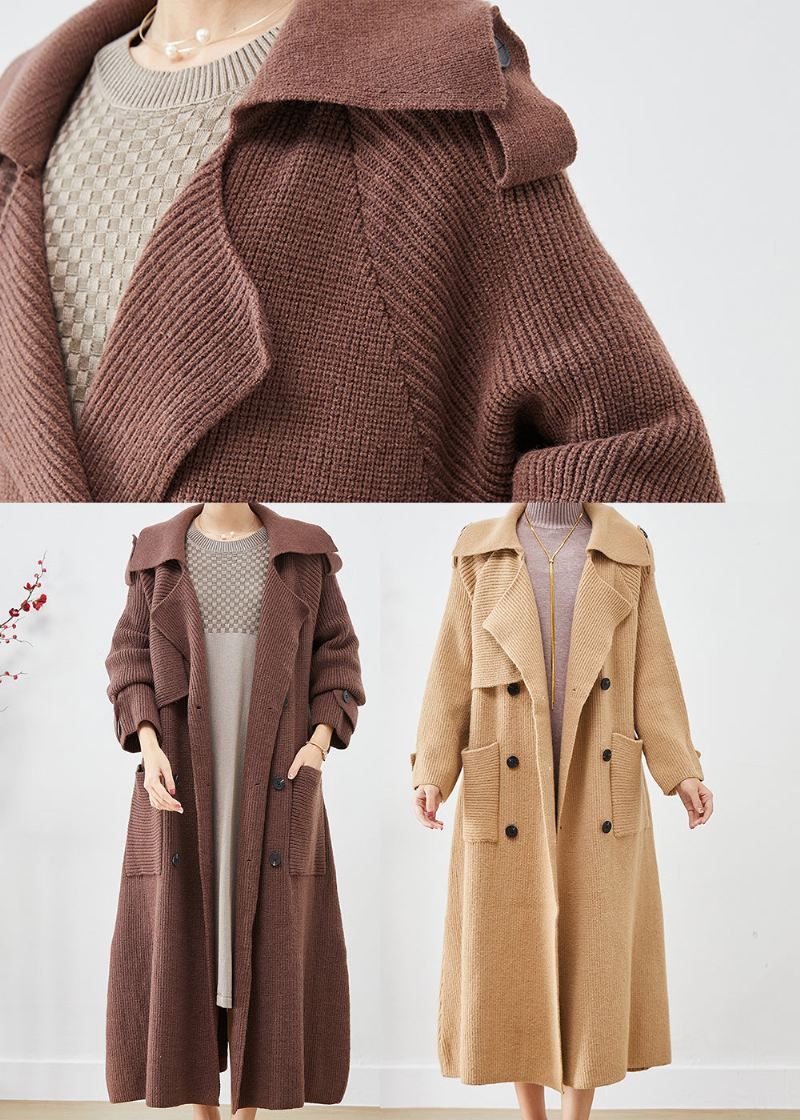 Vintage Khaki Doble Brystlommer Strikk Trench Coats Høst - Cardigans for kvinner