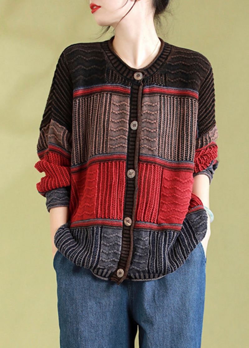 Vintage Oransje O-hals Stripete Patchwork Knapp Bomull Strikket Cardigan Vår - Oransje