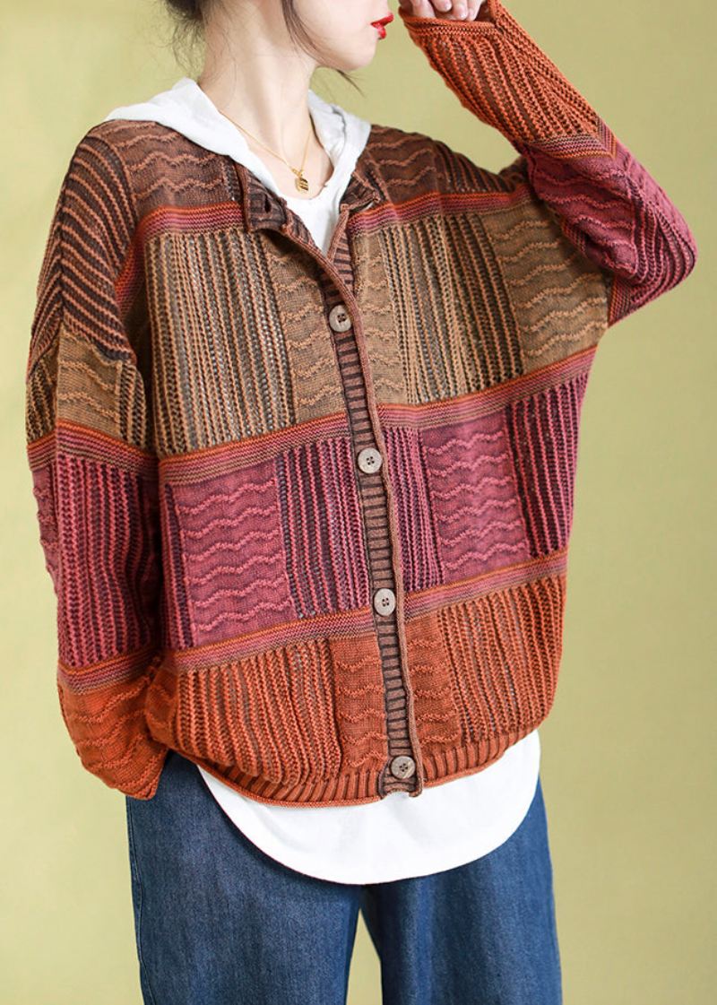 Vintage Oransje O-hals Stripete Patchwork Knapp Bomull Strikket Cardigan Vår - Oransje