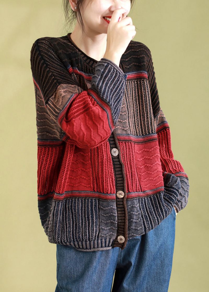 Vintage Oransje O-hals Stripete Patchwork Knapp Bomull Strikket Cardigan Vår - Oransje