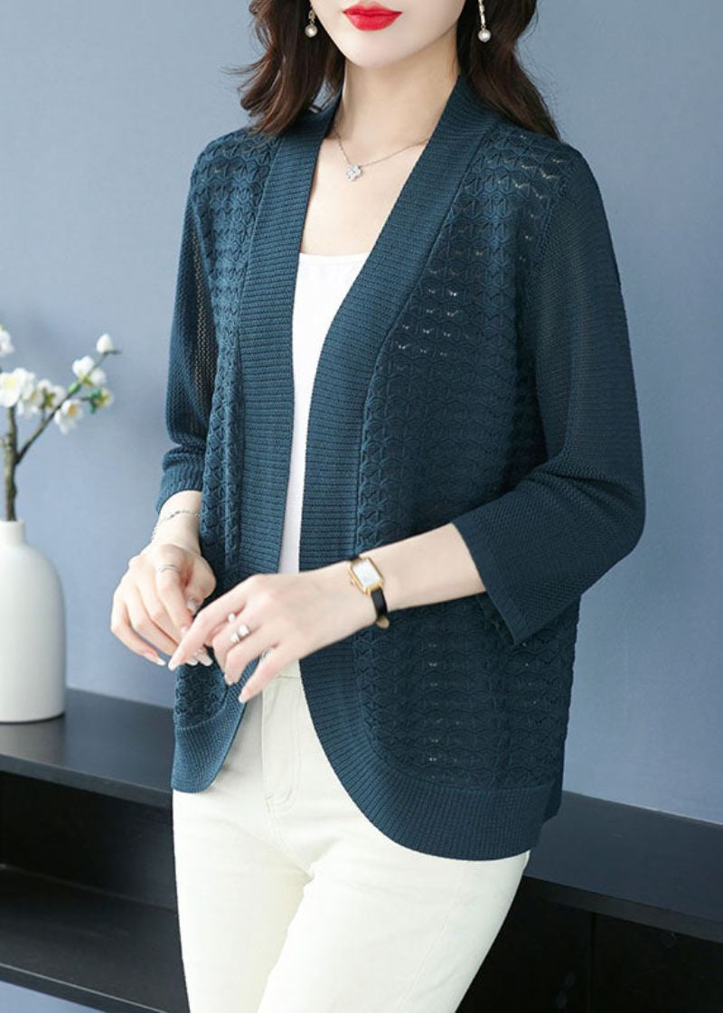 Vintage Sea Blue V-hals Patchwork Solid Ice Størrelse Strikk Cardigan Armbånd Sleeve