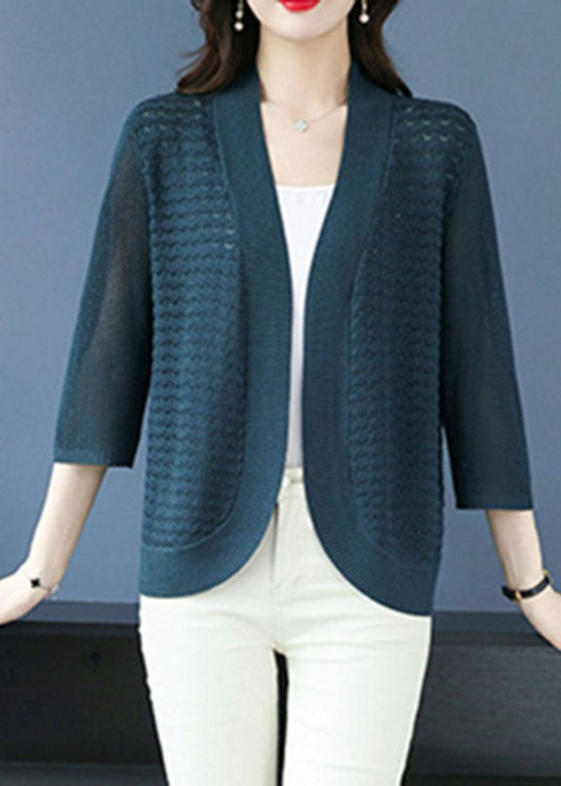 Vintage Sea Blue V-hals Patchwork Solid Ice Størrelse Strikk Cardigan Armbånd Sleeve - Havblå